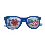 Blue novelty eyeglasses with pinhole lenses featuring red hearts and an American flag design.