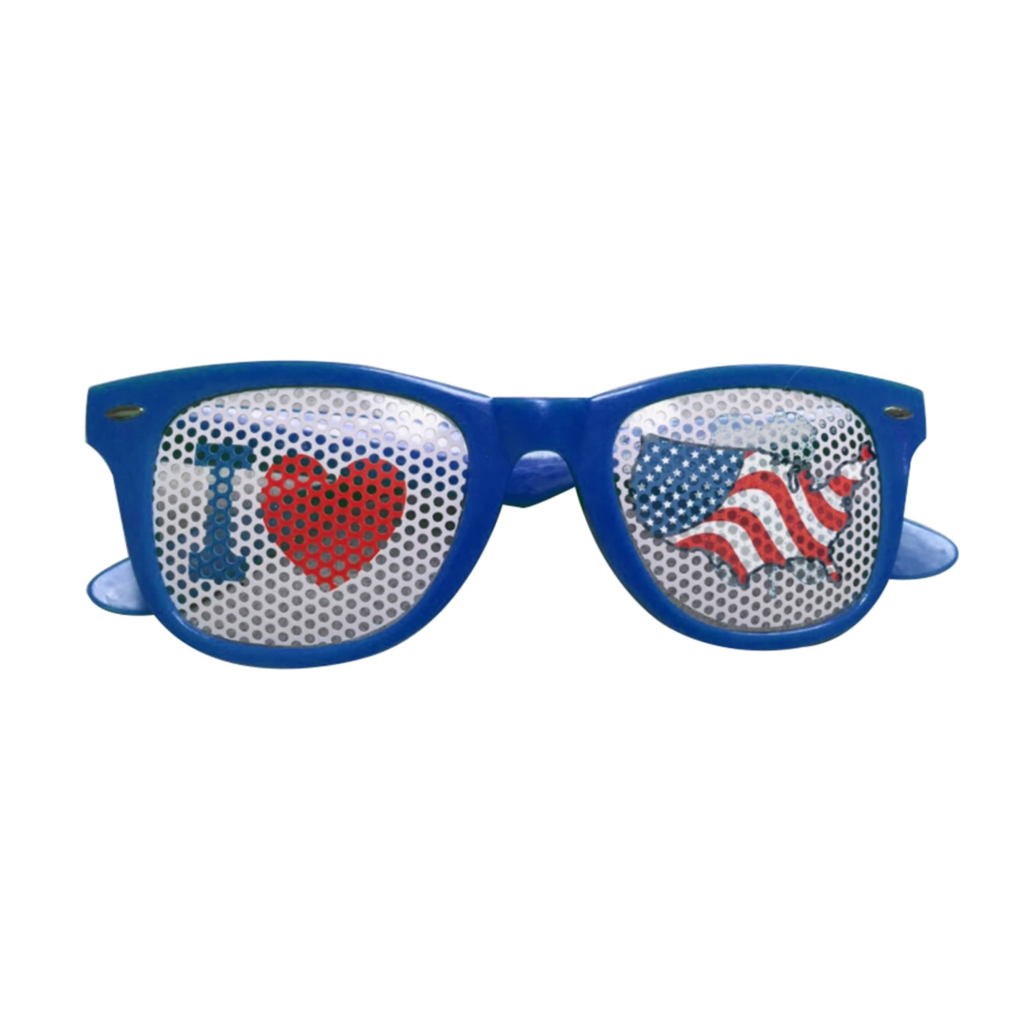 Blue novelty eyeglasses with pinhole lenses featuring red hearts and an American flag design. Blue novelty eyeglasses with pinhole lenses featuring red hearts and an American flag design.