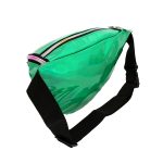 An iridescent green fanny pack with a black strap and multiple zippered compartments. Features a logo.