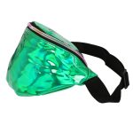 A green iridescent fanny pack with a zip closure and an adjustable strap, featuring a logo.