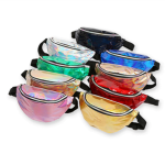 A collection of iridescent fanny packs in various colours including pink, blue, green, red, and gold, featuring a logo.