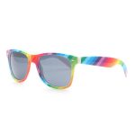 Rainbow sunglasses with a multicoloured striped frame and grey lenses. The design features a playful and vibrant colour scheme.