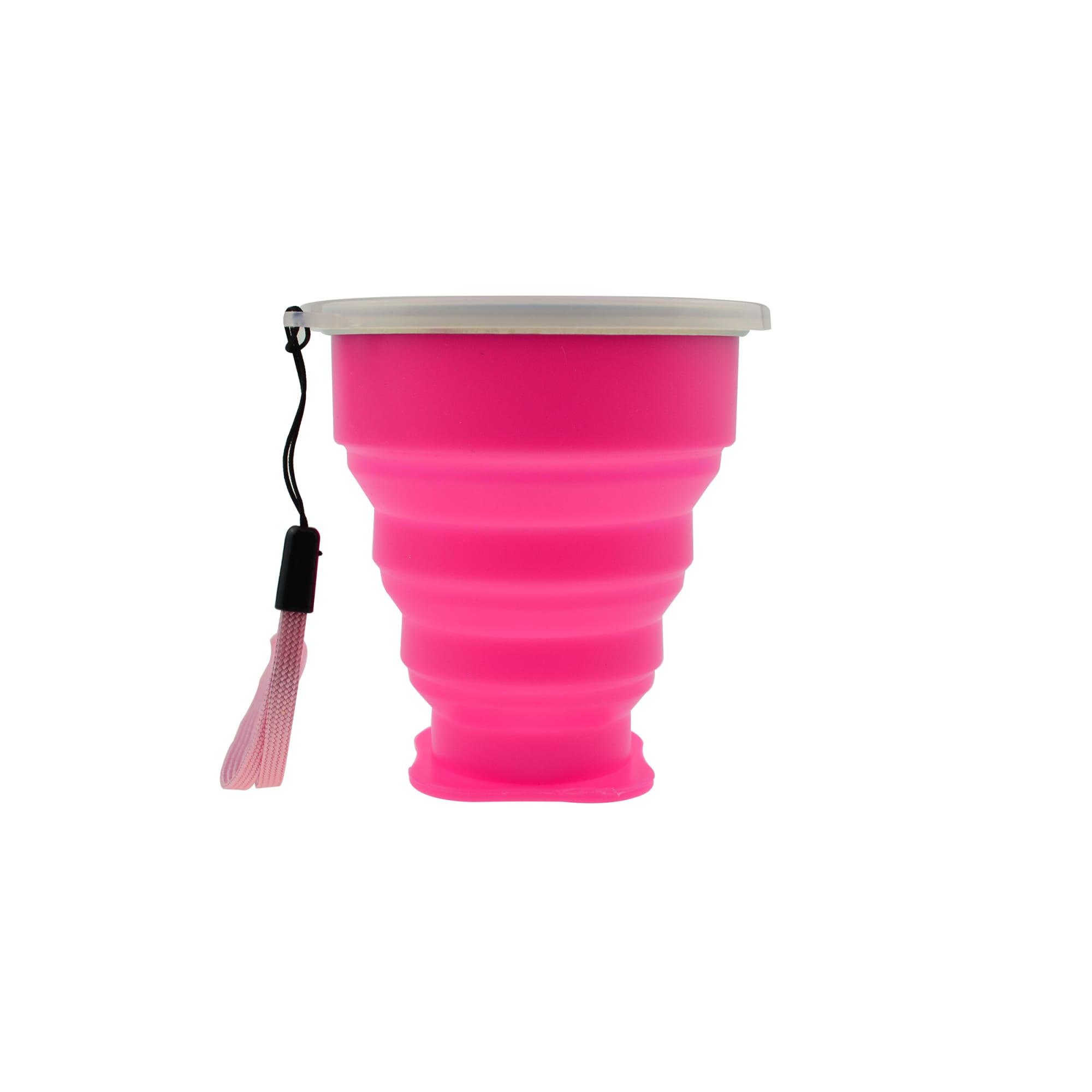 A pink collapsible silicone travel cup with a lid and a tassel attachment. It features a branding logo. A pink collapsible silicone travel cup with a lid and a tassel attachment. It features a branding logo.