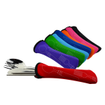 A cutlery set featuring four pieces, each with vibrant coloured covers in blue, green, pink, orange, and black.