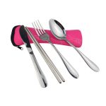 A four-piece stainless steel cutlery set in silver, accompanied by a pink carrying pouch.