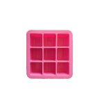 A pink silicone ice cube tray featuring nine compartments, set against a white background.