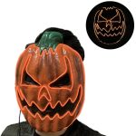 A pumpkin mask in orange with glowing neon features highlights a spooky face design, ideal for Halloween.