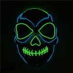 A skull mask illuminated with blue and green lights, featuring a detailed skull design. It has a glossy finish and is unbranded.