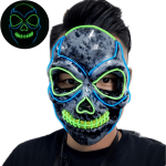 A skull mask in black with glowing green and blue outlines, featuring a menacing design and a logo on the side.