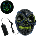 A black skull mask with green LED lights, featuring a connected battery box. It has a glossy finish and a logo.
