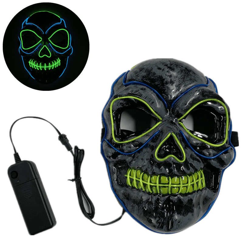 A black skull mask with green LED lights, featuring a connected battery box. It has a glossy finish and a logo. A black skull mask with green LED lights, featuring a connected battery box. It has a glossy finish and a logo.
