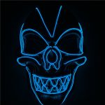 A black skull mask illuminated with blue neon lights, featuring detailed facial features and a glossy finish.