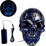 A skull-shaped mask in metallic silver with blue LED lights and a battery pack connected.