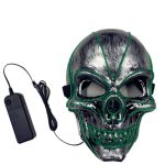 A silver skull mask with green detailing and a connected battery pack for lighting effects.