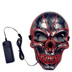 A black and silver skull mask with red detailing, featuring a battery pack connected by a wire.