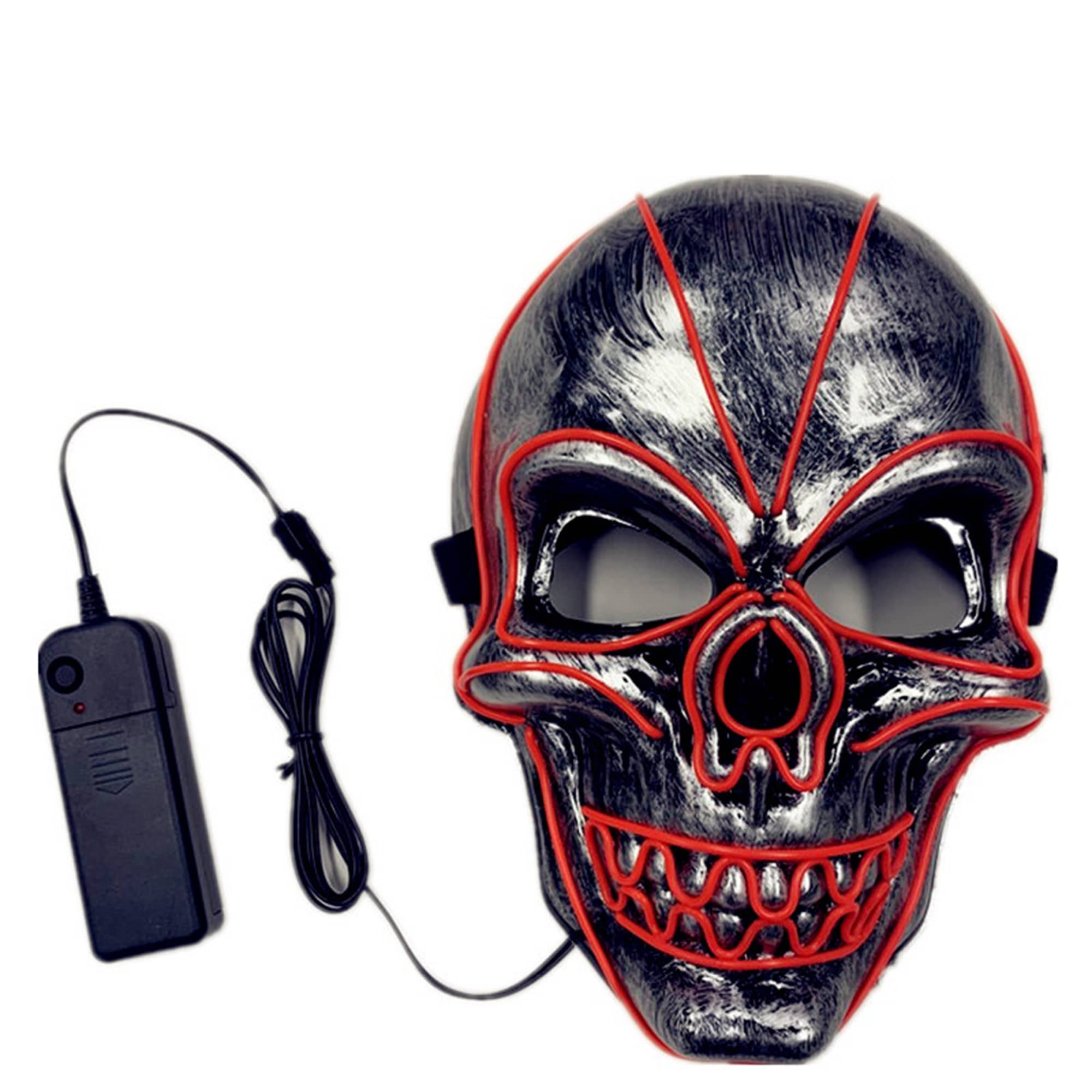 A black and silver skull mask with red detailing, featuring a battery pack connected by a wire. A black and silver skull mask with red detailing, featuring a battery pack connected by a wire.