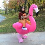 A pink inflatable flamingo costume worn by a person, set in a park with trees in the background.