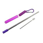 A foldable drinking straw in silver, with a purple carrying case and a straw brush, featuring a carabiner.