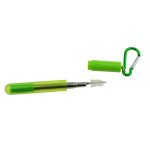 A green foldable drinking straw with a straw brush and a carabiner for attachment. The straw is partially extended.