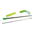 A foldable stainless steel drinking straw in silver, with a green carrying case and a straw brush. Includes a carabiner.