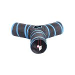 A collapsible pet play tunnel tube in black with blue stripes, featuring three openings and a small toy inside.