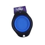 A black and blue pet folding bowl with a circular shape and a hanging tag featuring a logo.