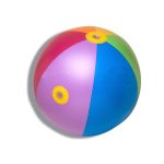 An inflatable water spray ball in vibrant colours, featuring sections of pink, purple, blue, green, and yellow.