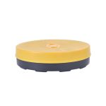 A yellow and grey telescopic stool with a round, flat design and an embedded logo on the top.
