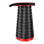 A telescopic stool in black and red, featuring a unique, expandable design and a carry strap.