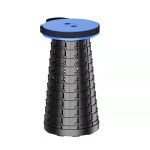 A telescopic stool in black with a blue top, featuring a sturdy, collapsible design and a handle for easy transport.