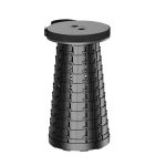 A black telescopic stool with a circular top and a textured, collapsible base. It features a logo.