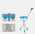 An adjustable cane stool with a blue seat and silver legs, featuring a handle for support.