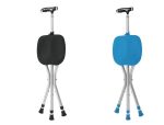 Adjustable cane stool in black and blue, featuring a sturdy seat and ergonomic handle for support.