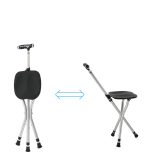 An adjustable cane stool in black and silver, featuring a handle and a compact folding design.