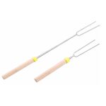 A telescopic barbecue fork set featuring stainless steel prongs with yellow and wooden handles.