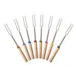 A set of eight telescopic barbecue forks with wooden handles and colourful grips, featuring stainless steel prongs.