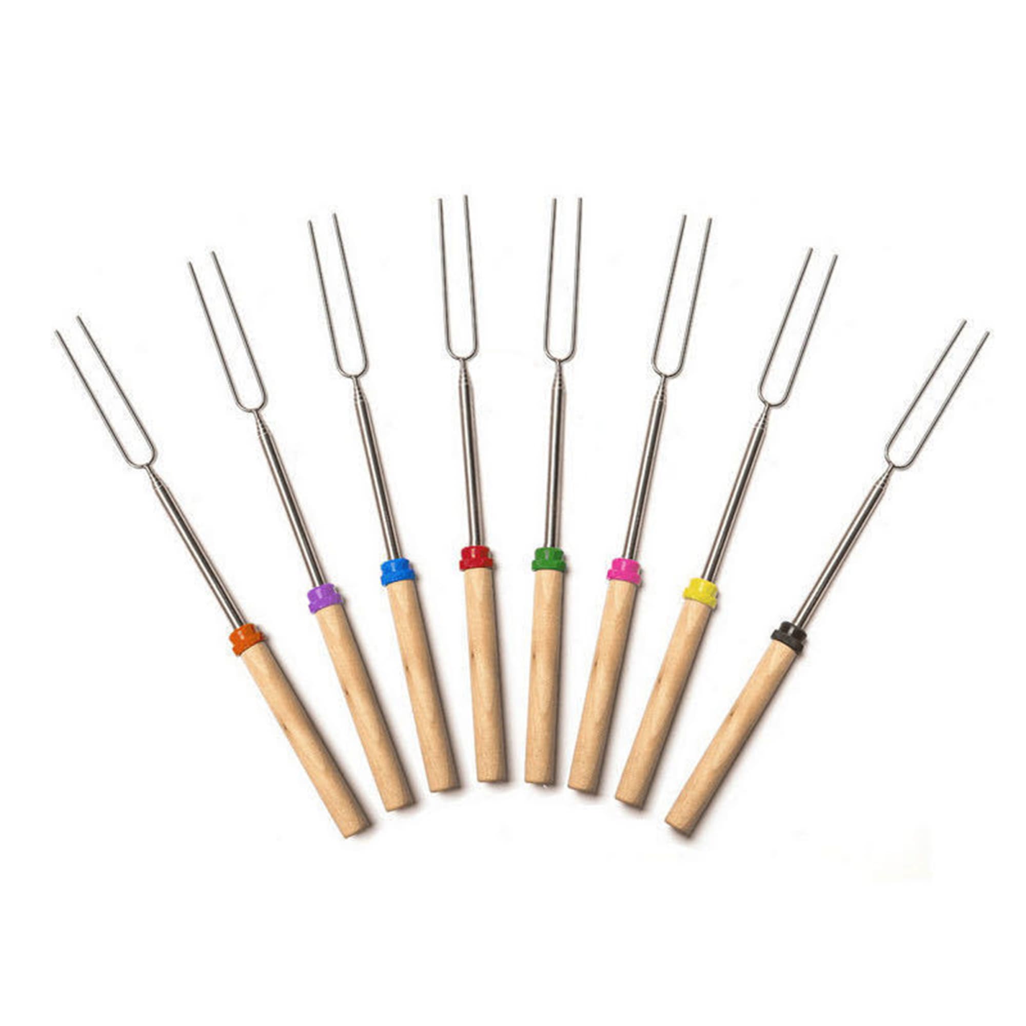 A set of eight telescopic barbecue forks with wooden handles and colourful grips, featuring stainless steel prongs. A set of eight telescopic barbecue forks with wooden handles and colourful grips, featuring stainless steel prongs.
