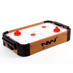 An air hockey table game featuring a wooden frame, red paddles, and a white playing surface with a logo.