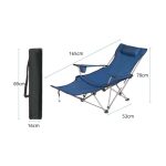 A navy blue camping lounge chair with a cup holder, shown unfolded and folded with dimensions. It has a logo on it.