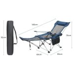 A folding camping lounge chair in blue with a mesh design, dimensions provided, and a black carry case.