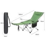 A green camping lounge chair with a padded headrest and side pocket, shown alongside its foldable carrying case.
