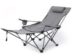 A grey camping lounge chair with an adjustable reclining feature and a headrest, featuring a side cup holder and a logo.