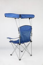 Folding beach chair with a blue canopy and silver frame, designed for outdoor relaxation.
