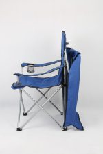 A blue folding beach chair with a silver frame, featuring a mesh cup holder and a canopy attachment.