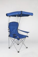 A blue folding beach chair with a canopy and a silver frame. Includes armrests and a mesh storage pocket.