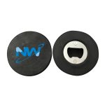 A drink bottle opener designed to resemble a hockey puck, featuring a metal bottle opener and a logo on one side.