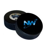 A drink bottle opener designed as a black hockey puck with a circular metal opener and a logo.