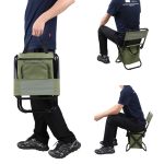 A folding chair in olive green with an insulated bag attached, featured in various positions and held by a person.