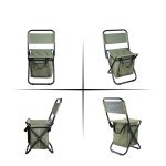 A green folding chair with an insulated bag attached, featuring a metal frame and multiple viewing angles.
