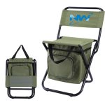 A folding chair in olive green with an insulated bag and a carry handle. The chair features a logo.